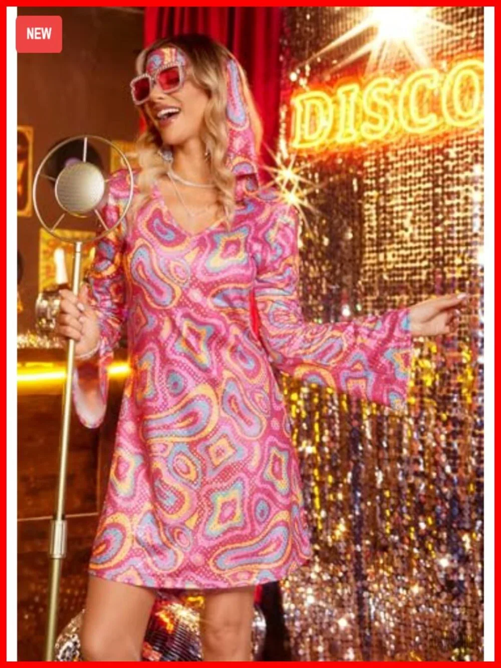 70s Disco Sequin Dress Costume with Sunglasses Headband